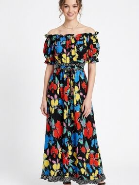 RIXO Black Off-Shoulder Maxi Dress with Red, Blue & Yellow Floral Print